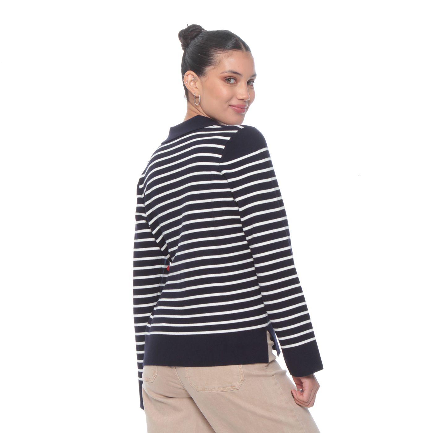 Sweater Manga Larga Listado Escote V Con Cuello-5