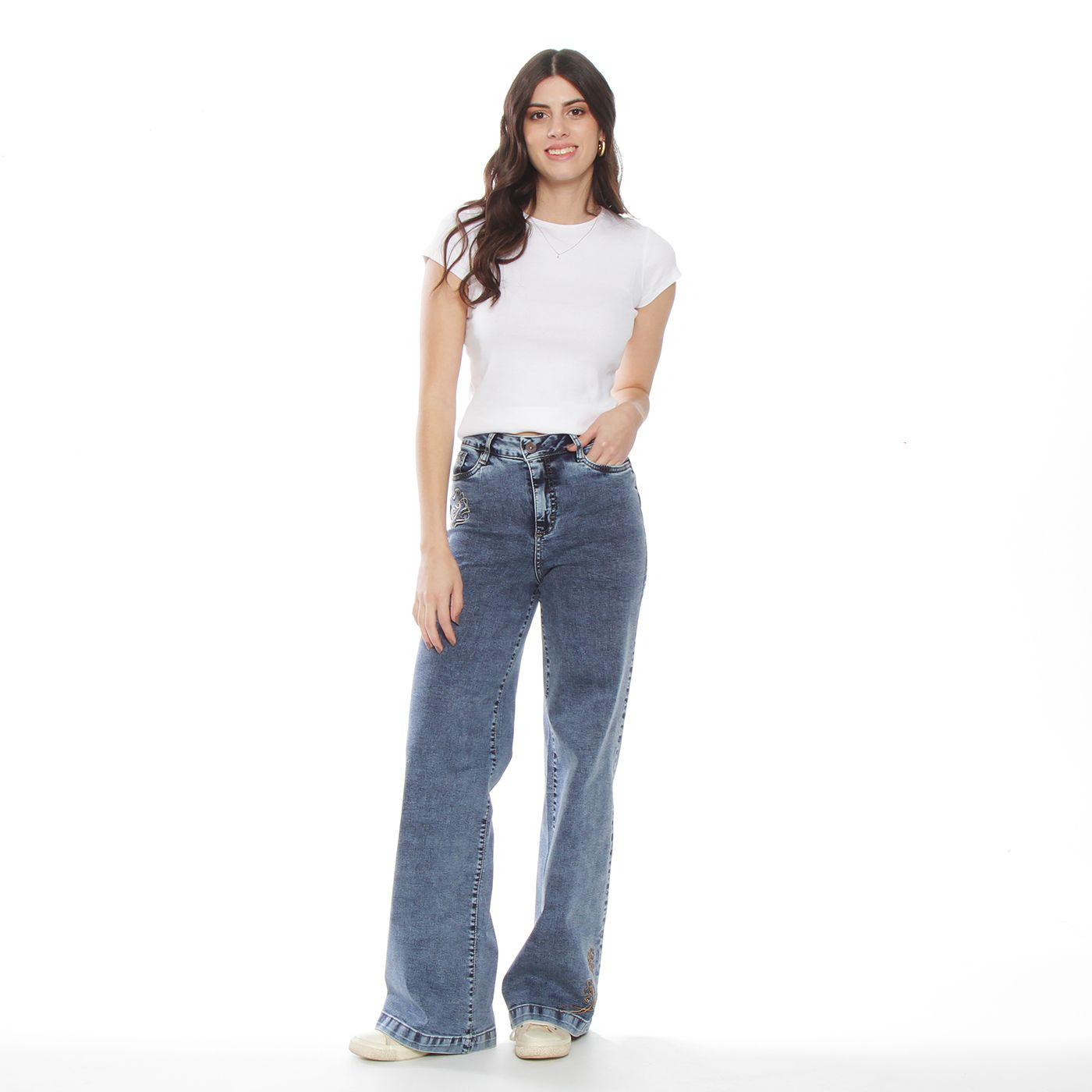 Jeans Wide Leg Tiro Alto Bordado  Pretina Basica 1 Boton Secret-4