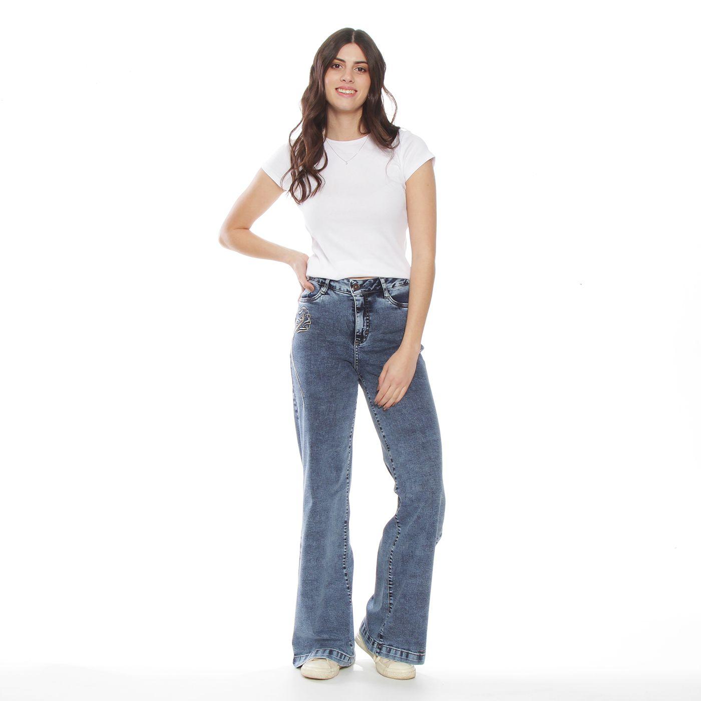 Jeans Wide Leg Tiro Alto Bordado  Pretina Basica 1 Boton Secret-5