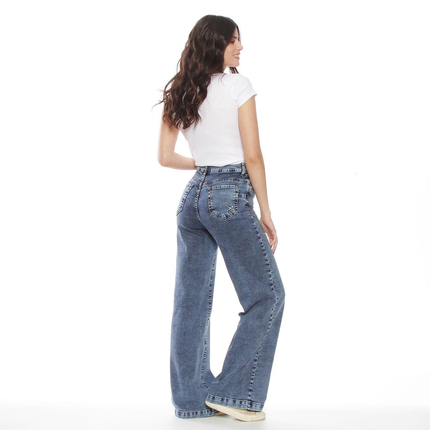Jeans Wide Leg Tiro Alto Bordado  Pretina Basica 1 Boton Secret-7
