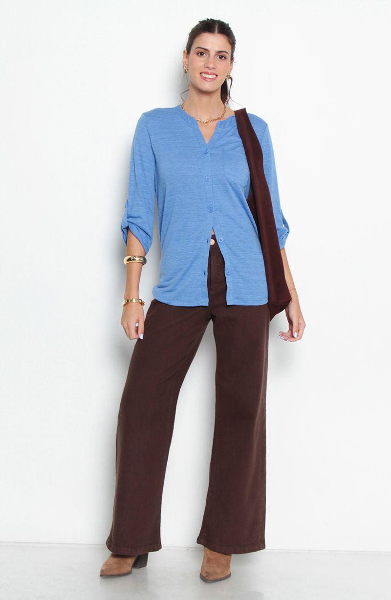 Blusa Manga 3/4 Abotonado En Delantero Con Bolsillo Escote V-3