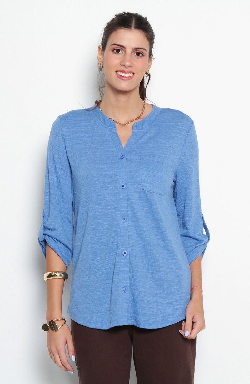 Blusa Manga 3/4 Abotonado En Delantero Con Bolsillo Escote V-0