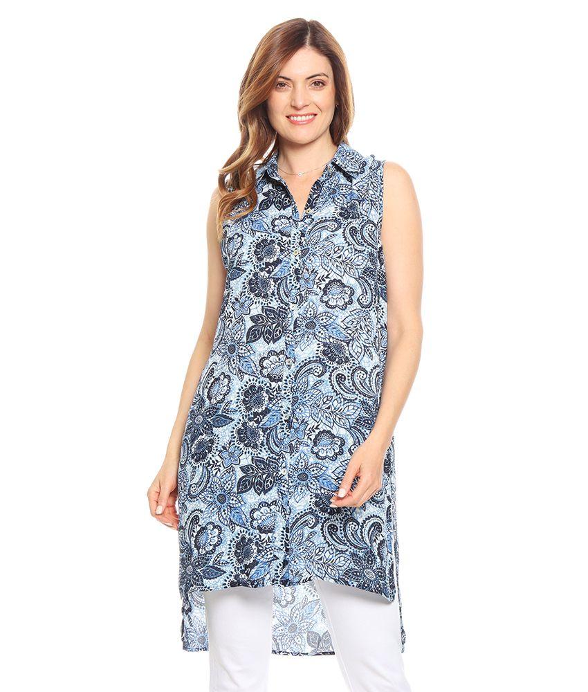 Blusa Sin Manga Estampada Cuello Camisero Abotonada-0