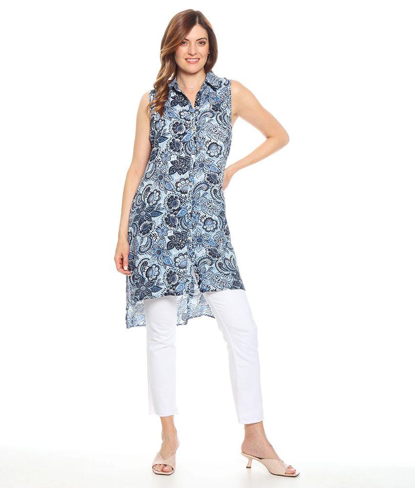 Blusa Sin Manga Estampada Cuello Camisero Abotonada-1