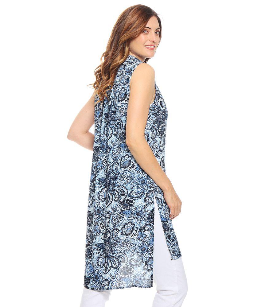Blusa Sin Manga Estampada Cuello Camisero Abotonada-5