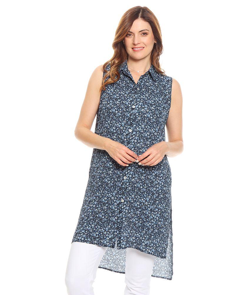 Blusa Sin Manga Estampada Cuello Camisero Abotonada-0