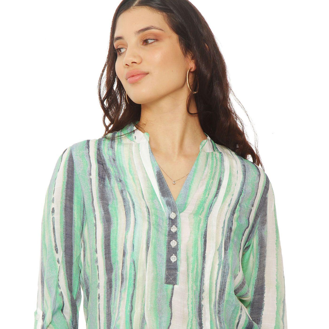 Blusa Listada Manga Larga Escote V Abotonada En Delantero-1