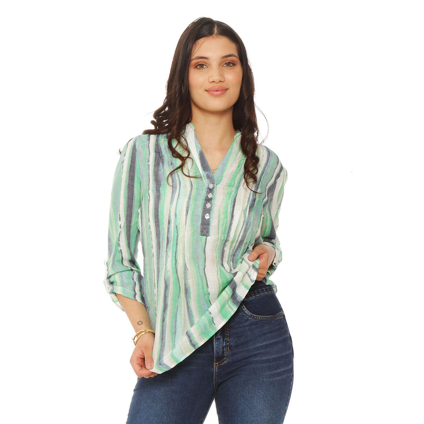Blusa Listada Manga Larga Escote V Abotonada En Delantero-2