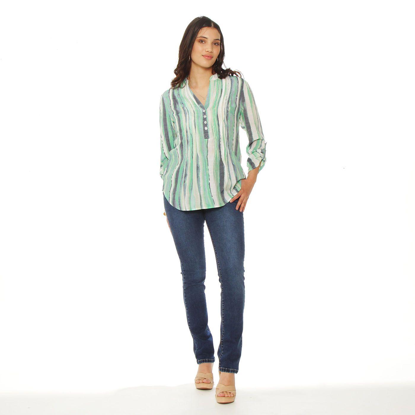 Blusa Listada Manga Larga Escote V Abotonada En Delantero-3