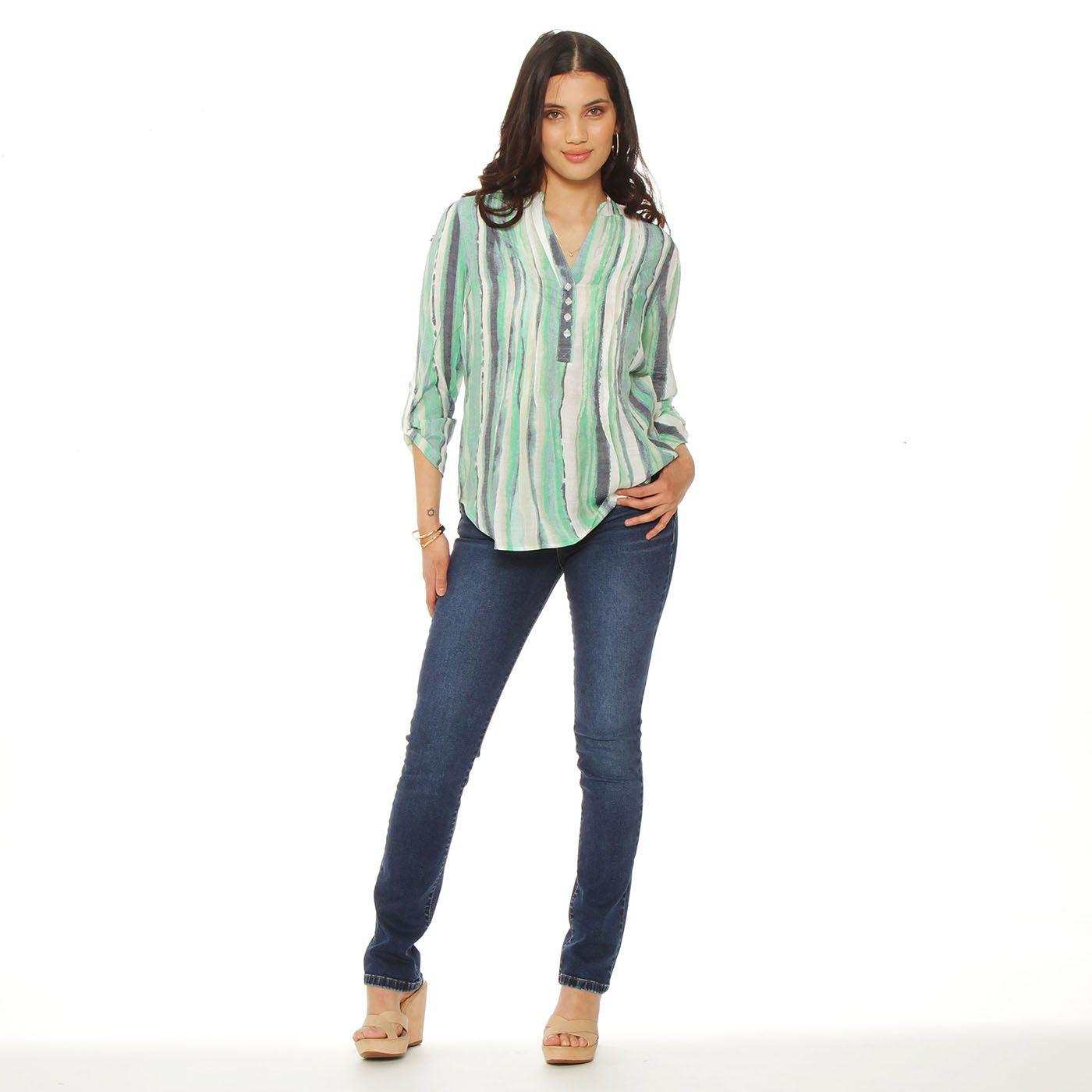 Blusa Listada Manga Larga Escote V Abotonada En Delantero-4