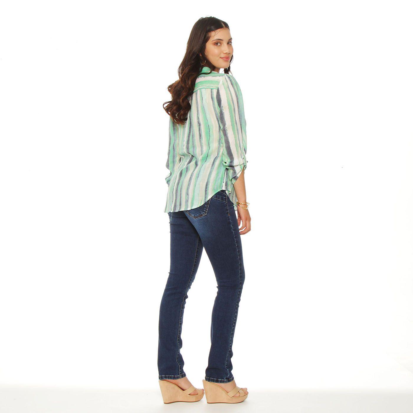 Blusa Listada Manga Larga Escote V Abotonada En Delantero-6