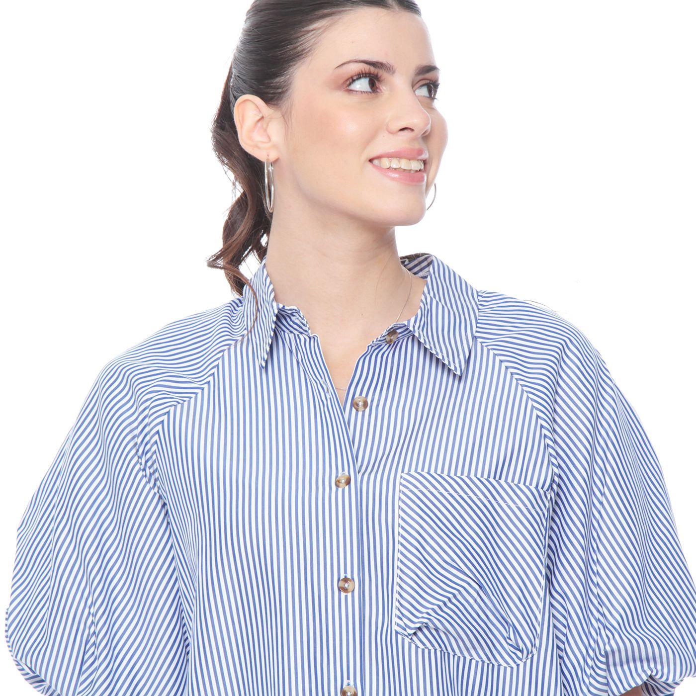Blusa Manga Corta Listada Abotonada En Delantero Y Bolsillo-3