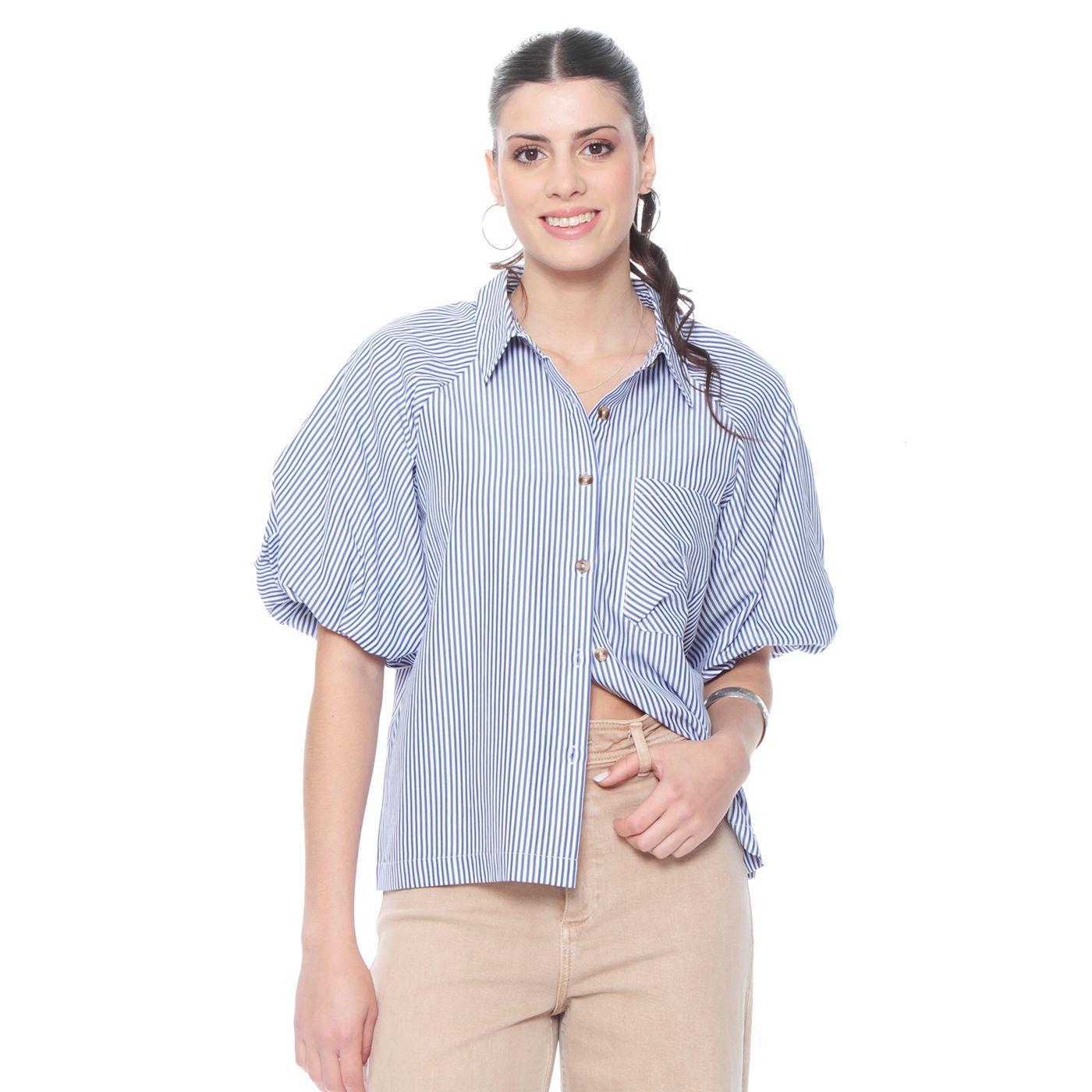 Blusa Manga Corta Listada Abotonada En Delantero Y Bolsillo-6