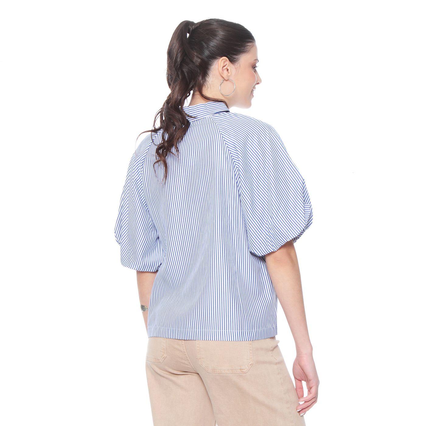 Blusa Manga Corta Listada Abotonada En Delantero Y Bolsillo-8