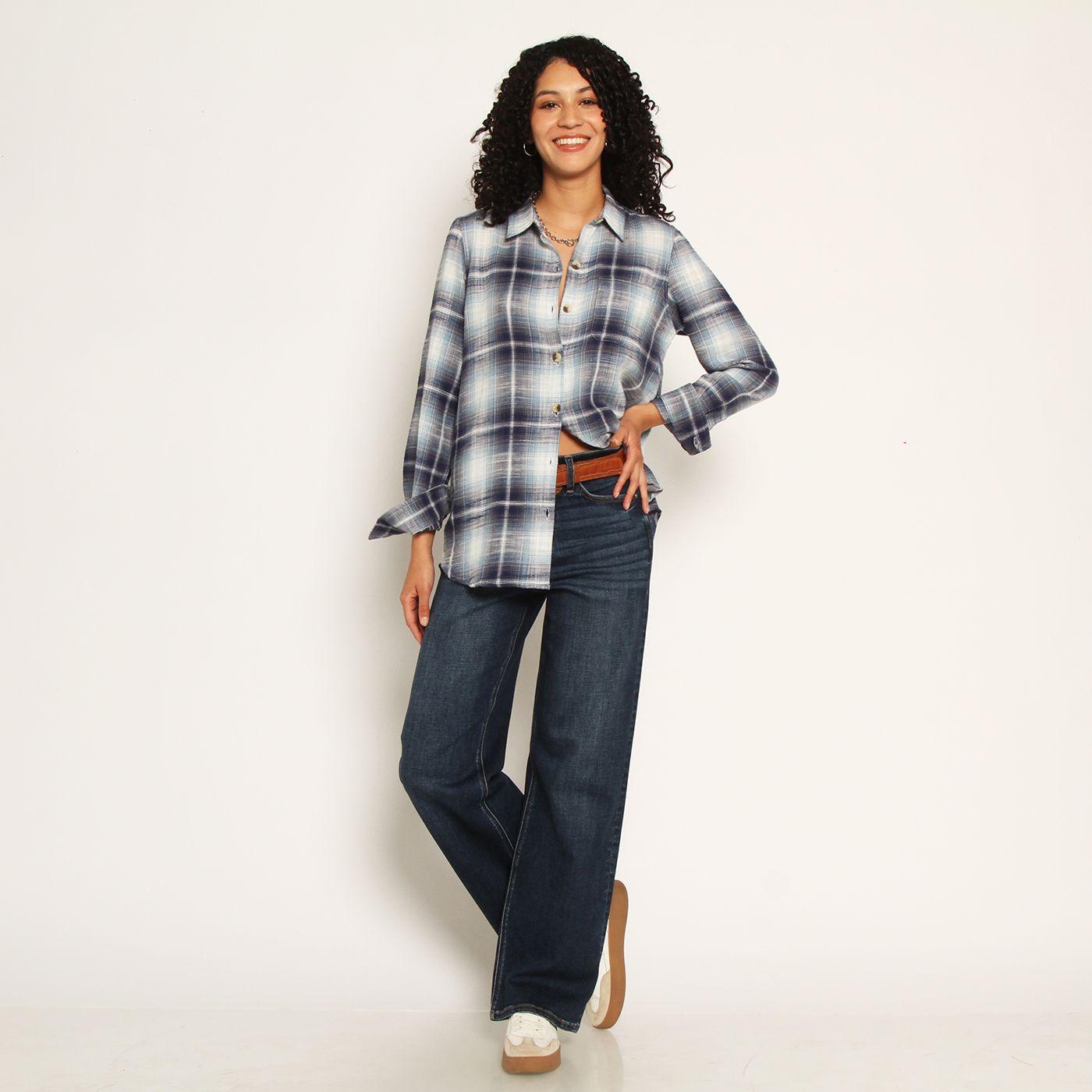 Blusa Escoces Manga Larga Abotonada Den Delantero Y Bolsillo-3