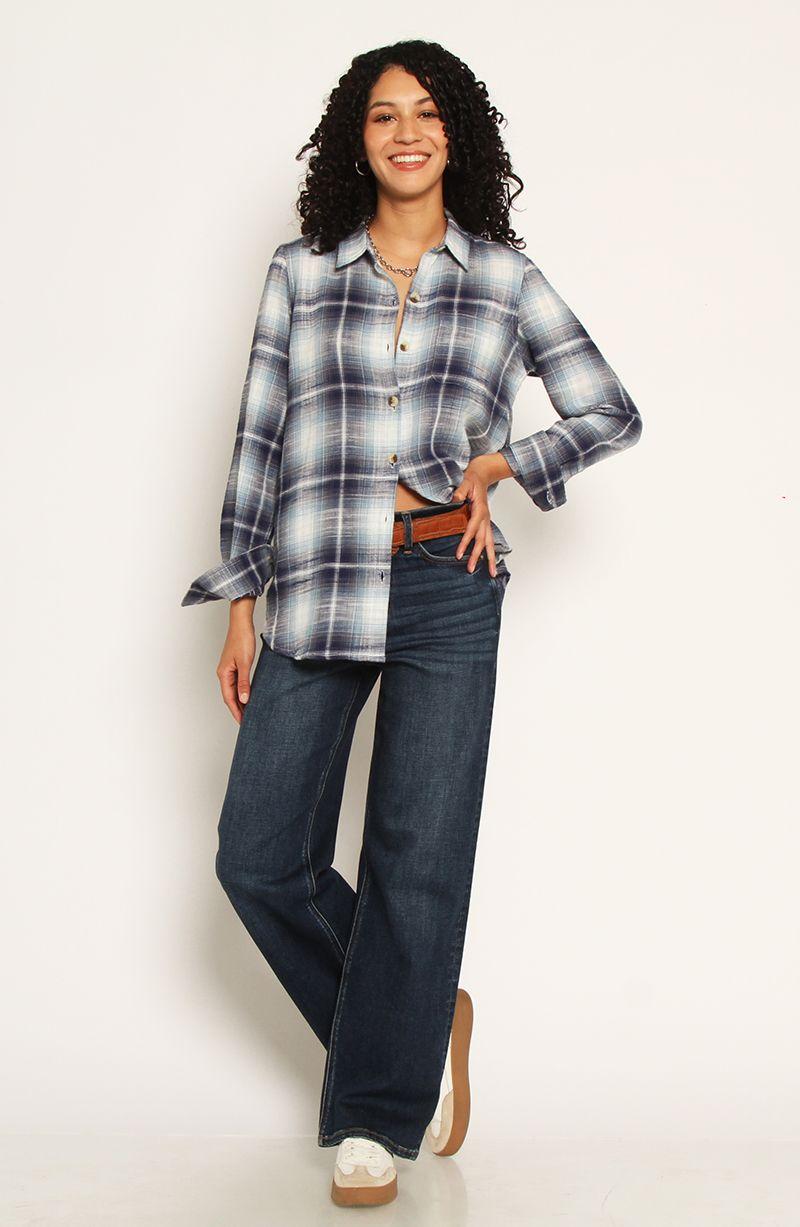 Blusa Escoces Manga Larga Abotonada Den Delantero Y Bolsillo-3