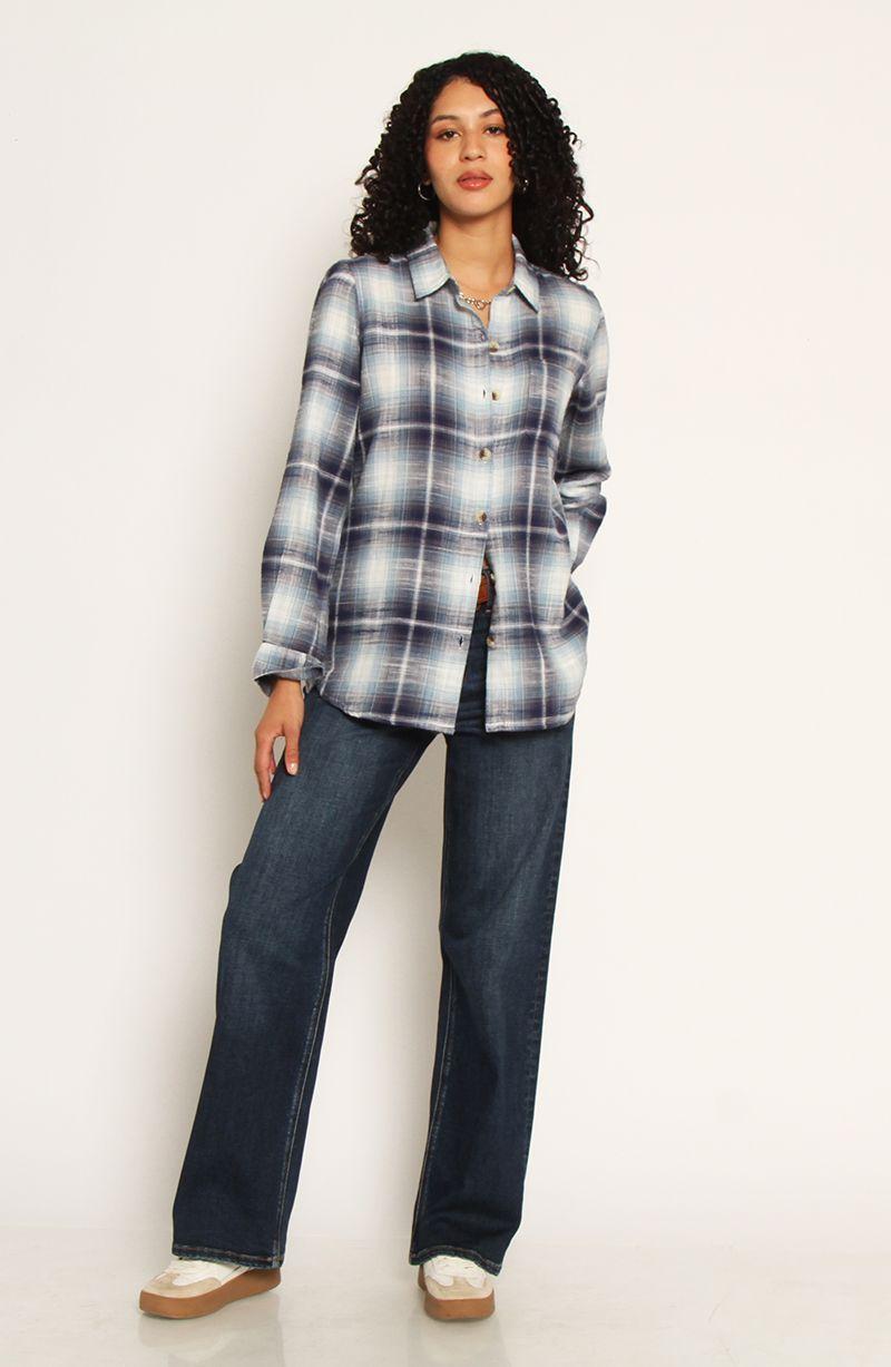 Blusa Escoces Manga Larga Abotonada En Delantero Y Bolsillo-2