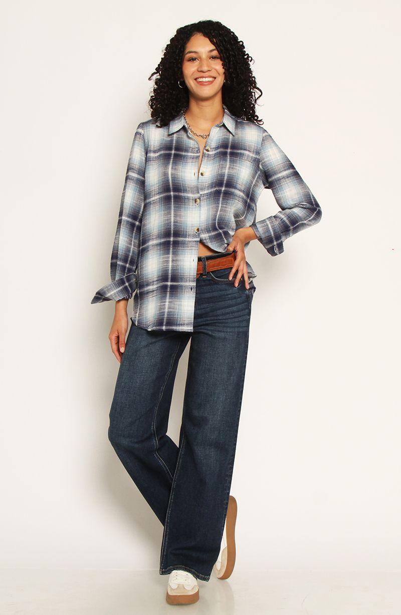 Blusa Escoces Manga Larga Abotonada En Delantero Y Bolsillo-3