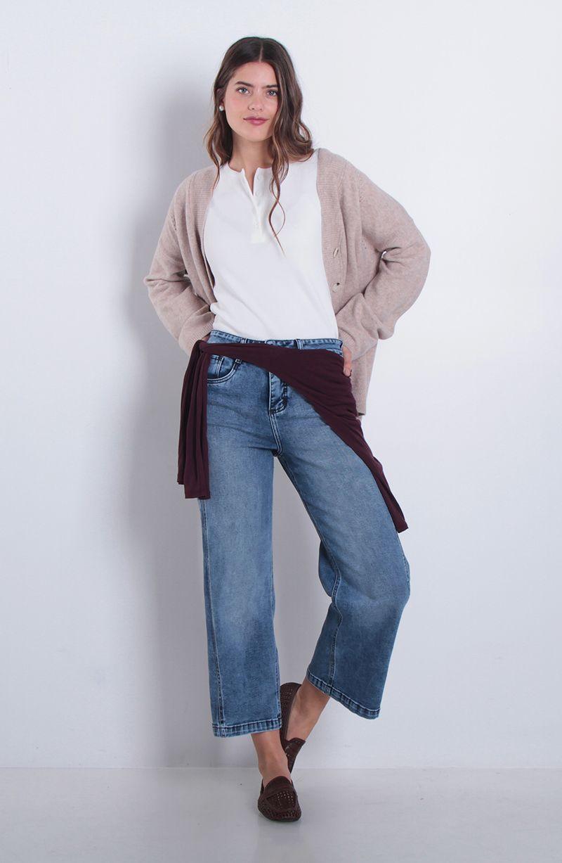 Jeans  Wide Tiro Alto  Pretina Un Boton Pierna Con Corte Costado-4