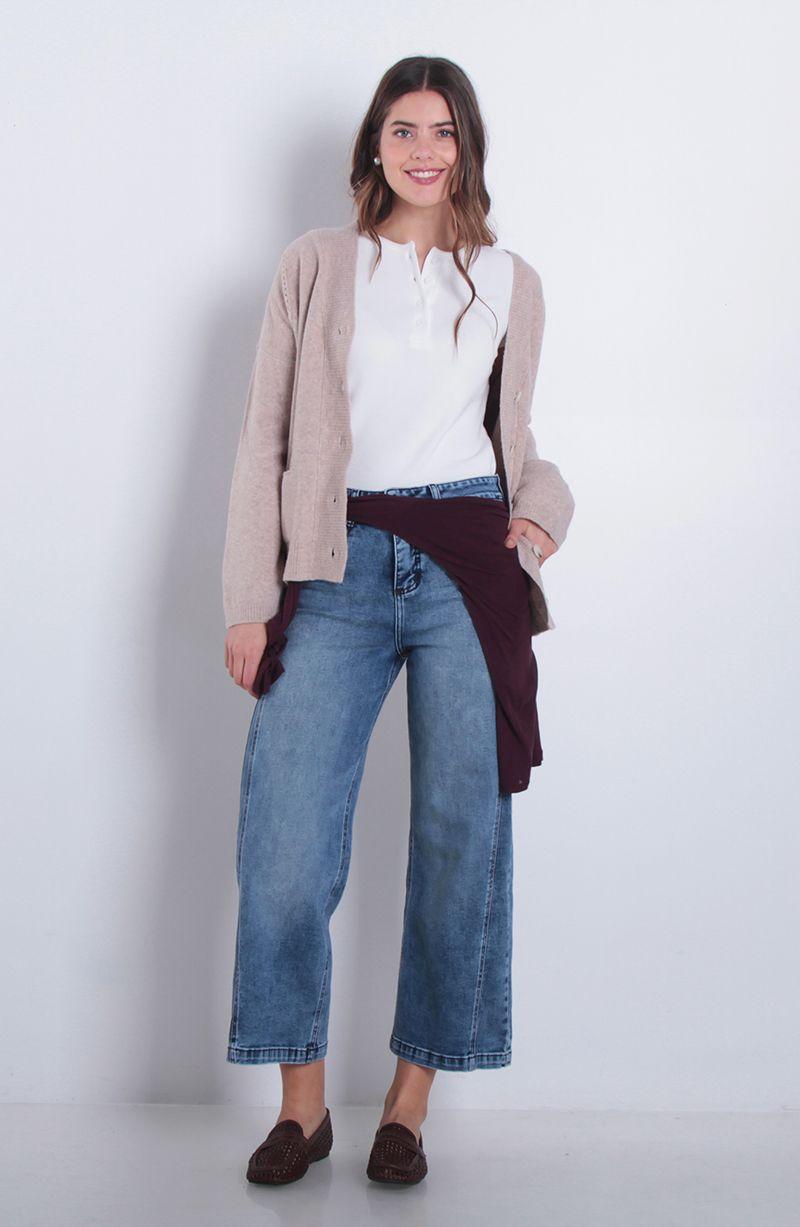 Jeans  Wide Tiro Alto  Pretina Un Boton Pierna Con Corte Costado-8