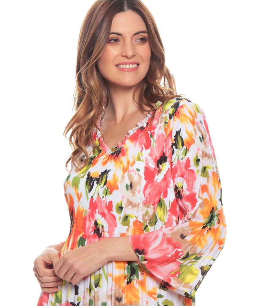 Vestido Manga 3/4 Estampado Plisado Escote V-1