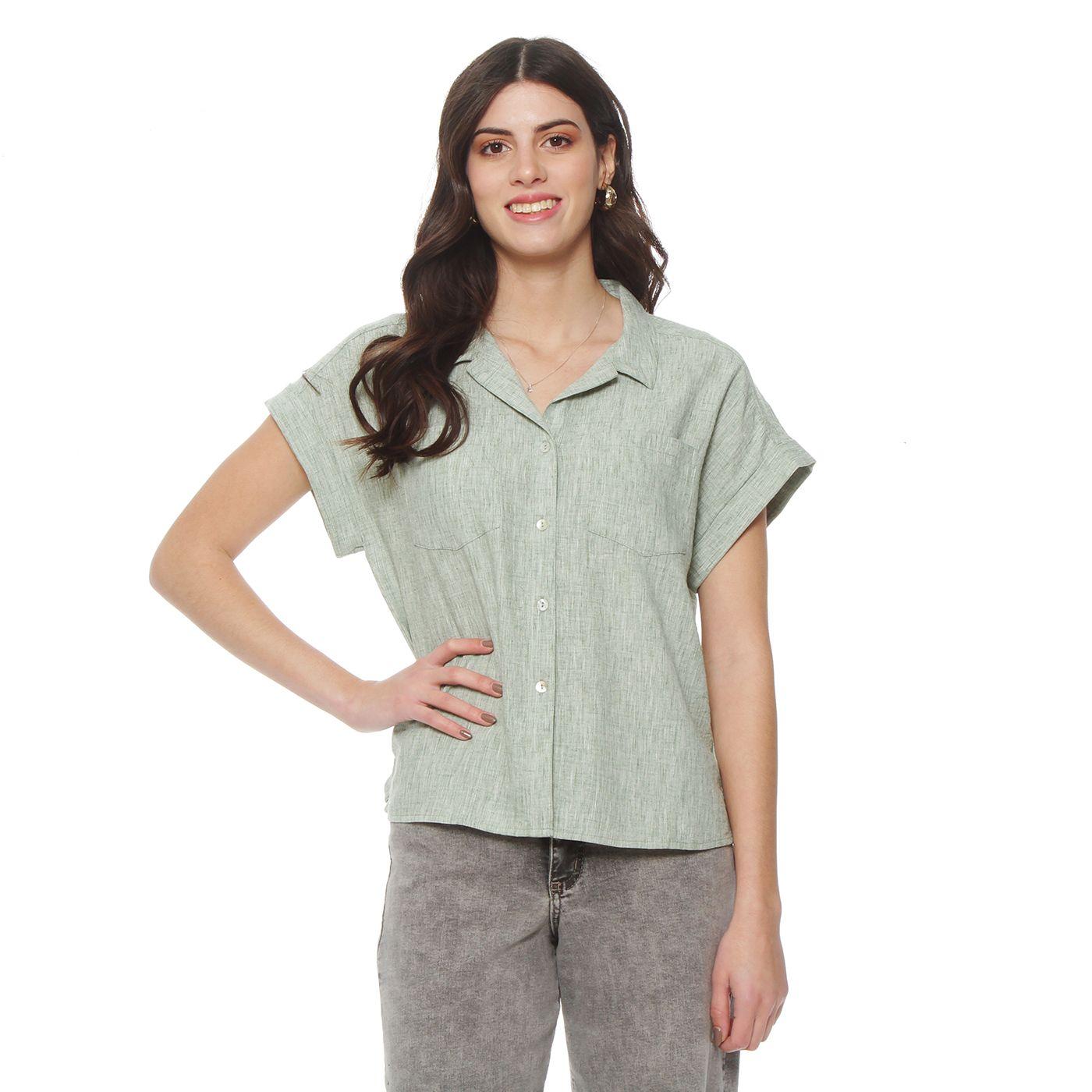 Blusa Manga Corta Abotonada En Delantero Y Bolsillos-2