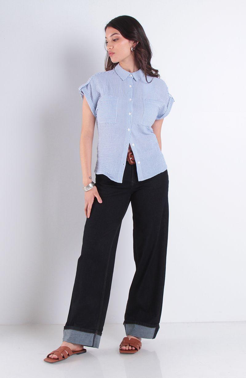 Blusa Manga Corta Listada Abotonada Con Bolsilla-6