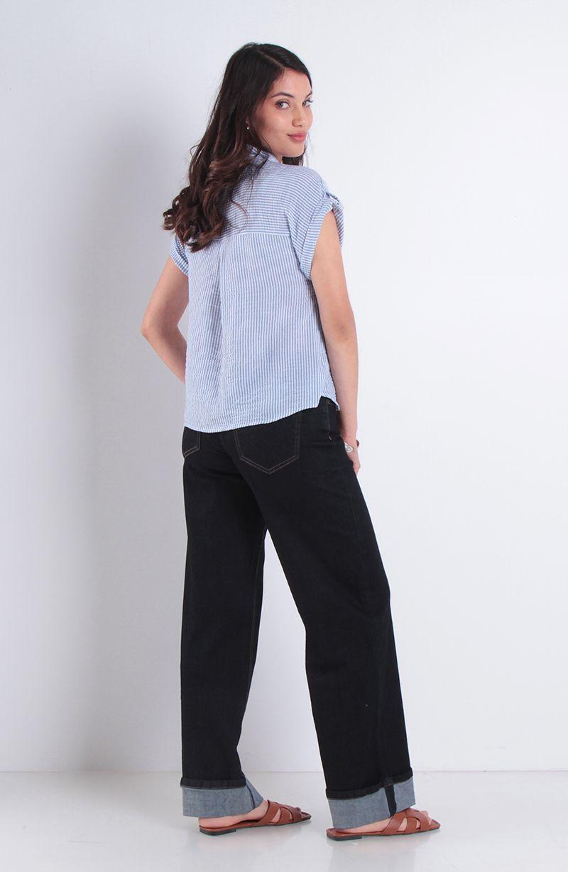 Blusa Manga Corta Listada Abotonada Con Bolsilla-8
