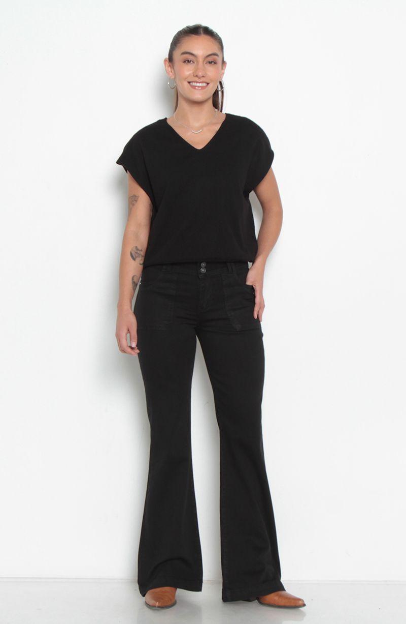 Jeans Cargo Tiro Alto Pretina Ancha Dos Botones  Pierna Flare-3