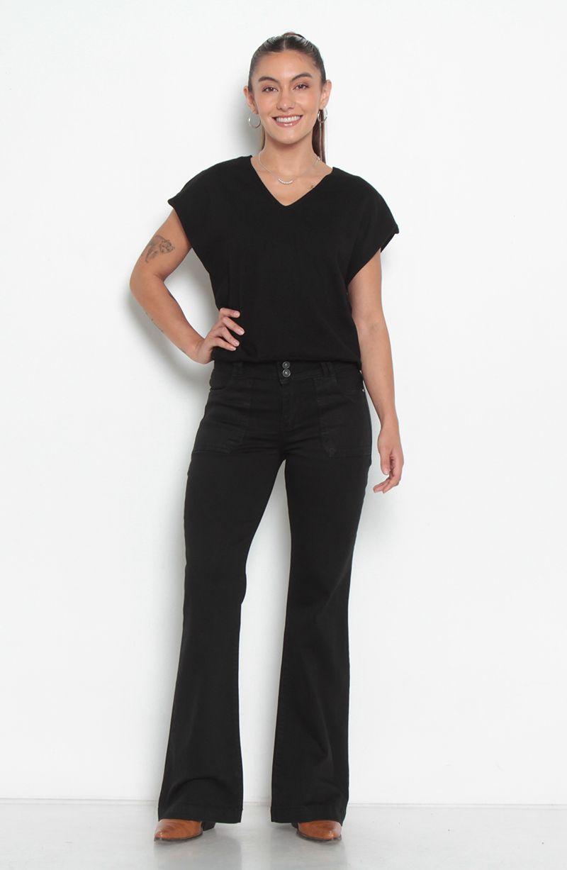 Jeans Cargo Tiro Alto Pretina Ancha Dos Botones  Pierna Flare-4