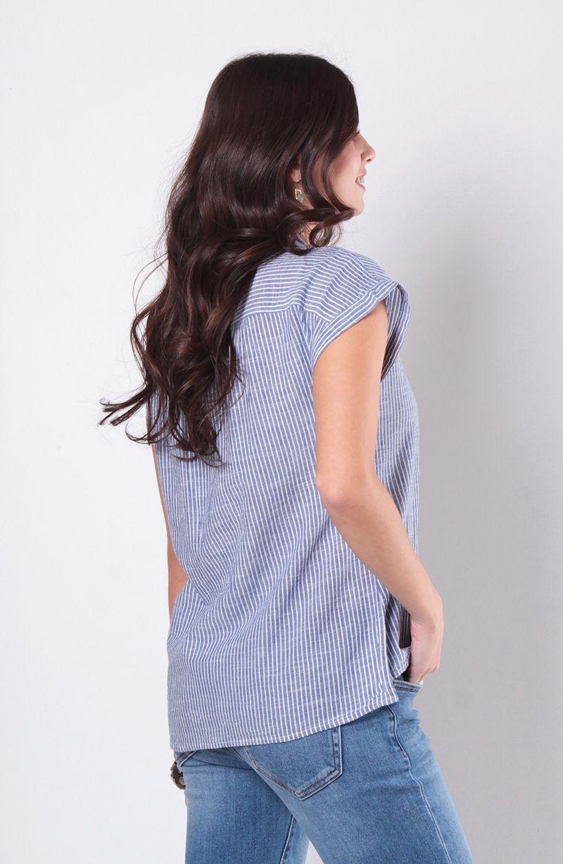 Blusa Manga Corta Listada Abotonada En Delatero Con Bolsillo-3