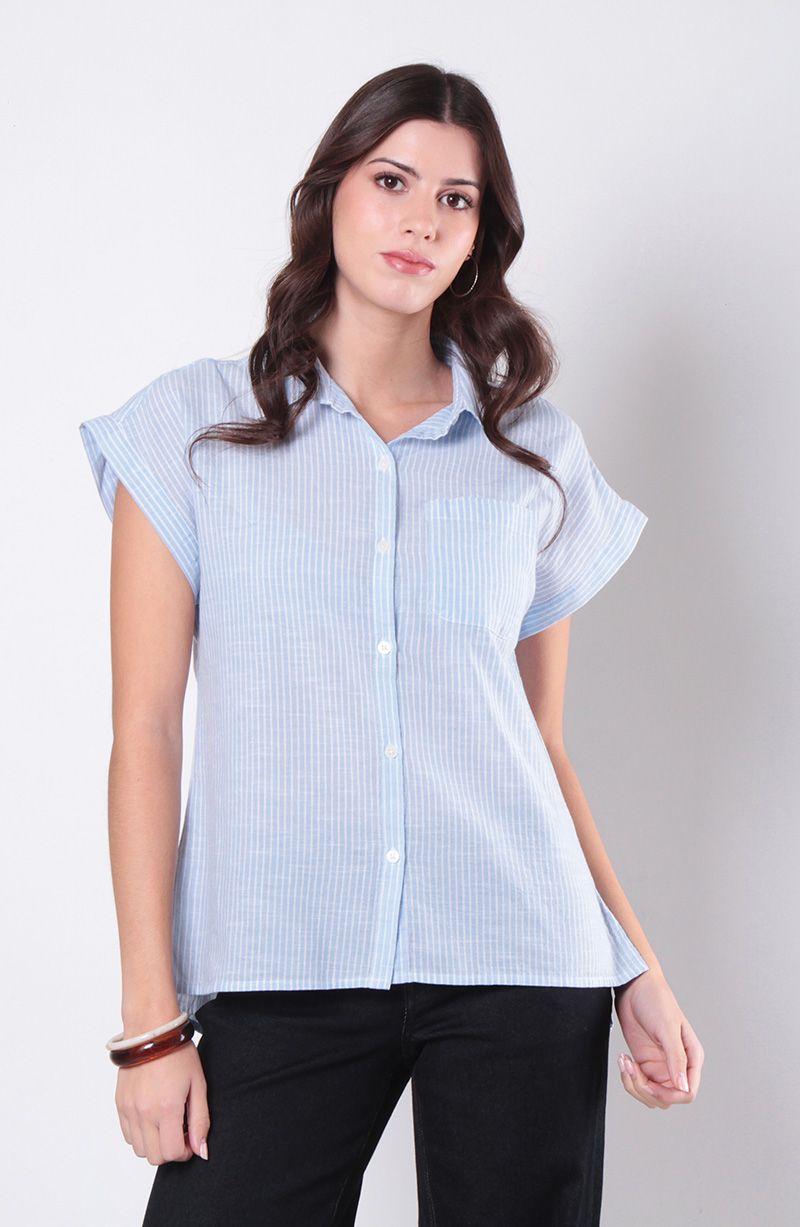Blusa Manga Corta Listada Abotonada En Delatero Con Bolsillo-0