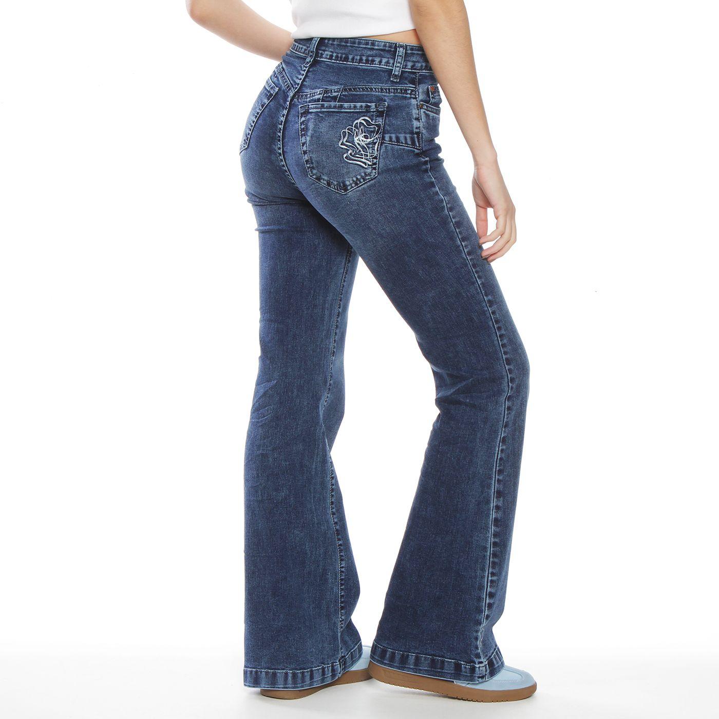 Jeans Flare  Tiro Alto Push Up Bordado Pretina Basica 1 Boton-2
