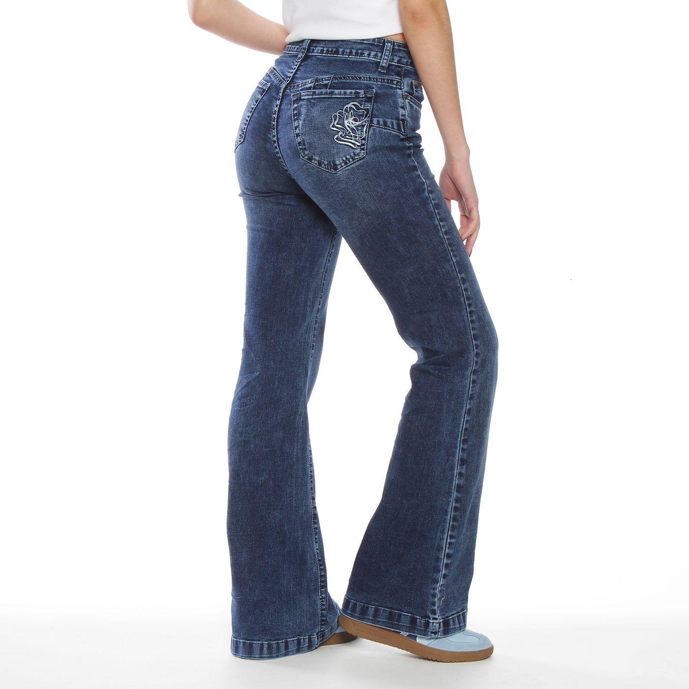 Jeans Flare  Tiro Alto Push Up Bordado Pretina Basica 1 Boton-3