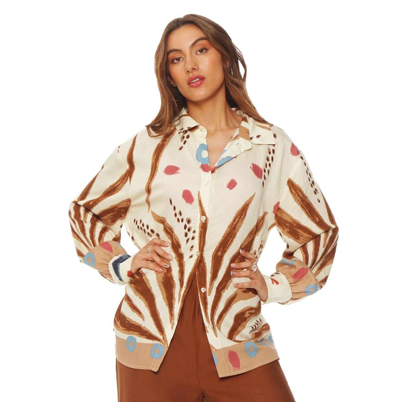 Blusa Manga Larga Estampada   Abotonada En Delantero-0