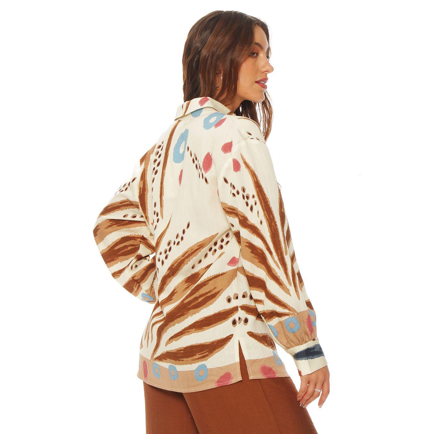Blusa Manga Larga Estampada   Abotonada En Delantero-4