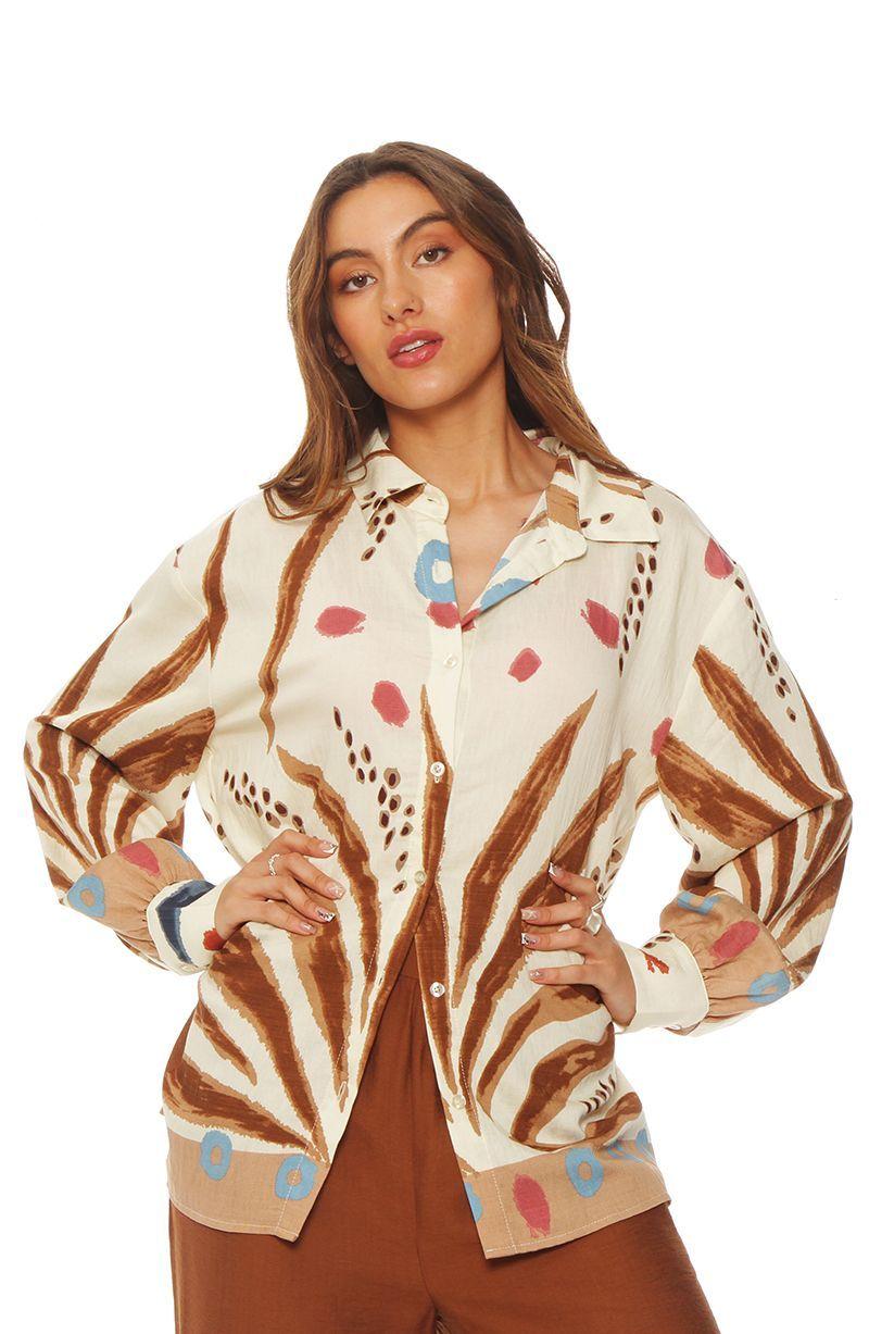 Blusa Manga Larga Estampada   Abotonada En Delantero-0