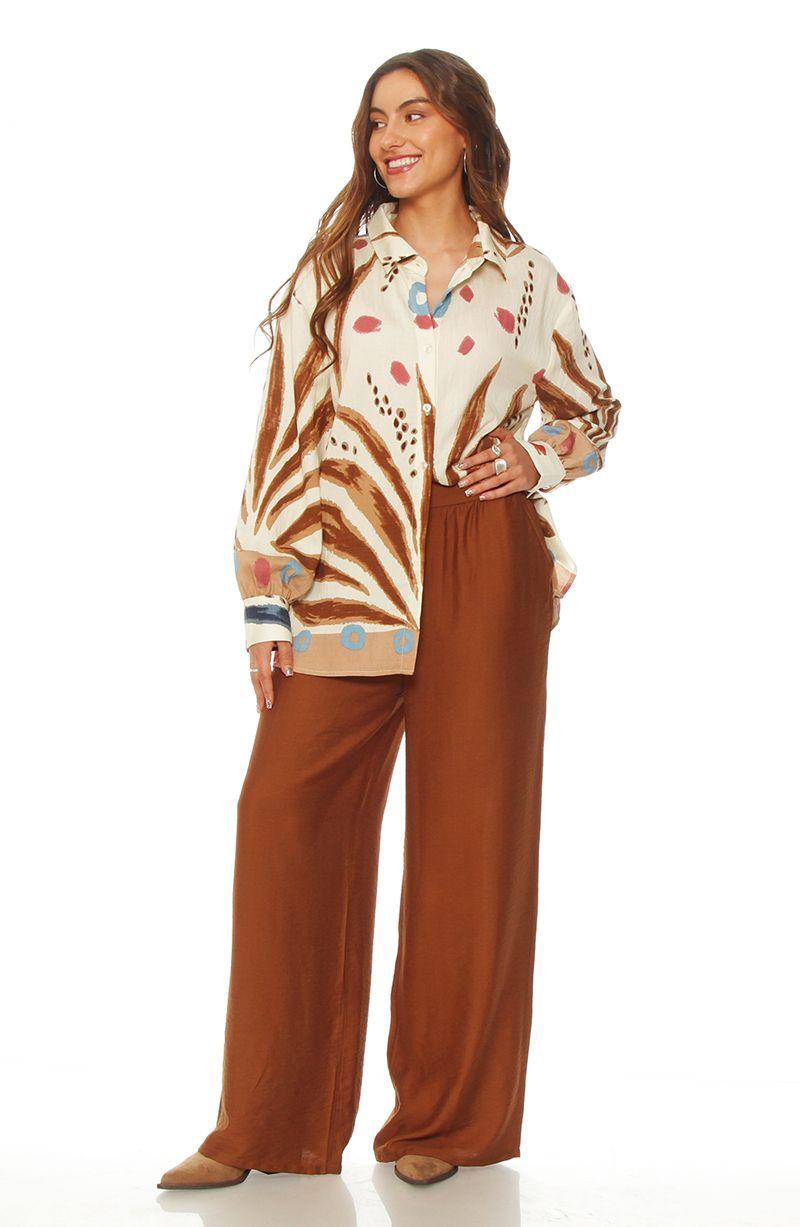 Blusa Manga Larga Estampada   Abotonada En Delantero-1