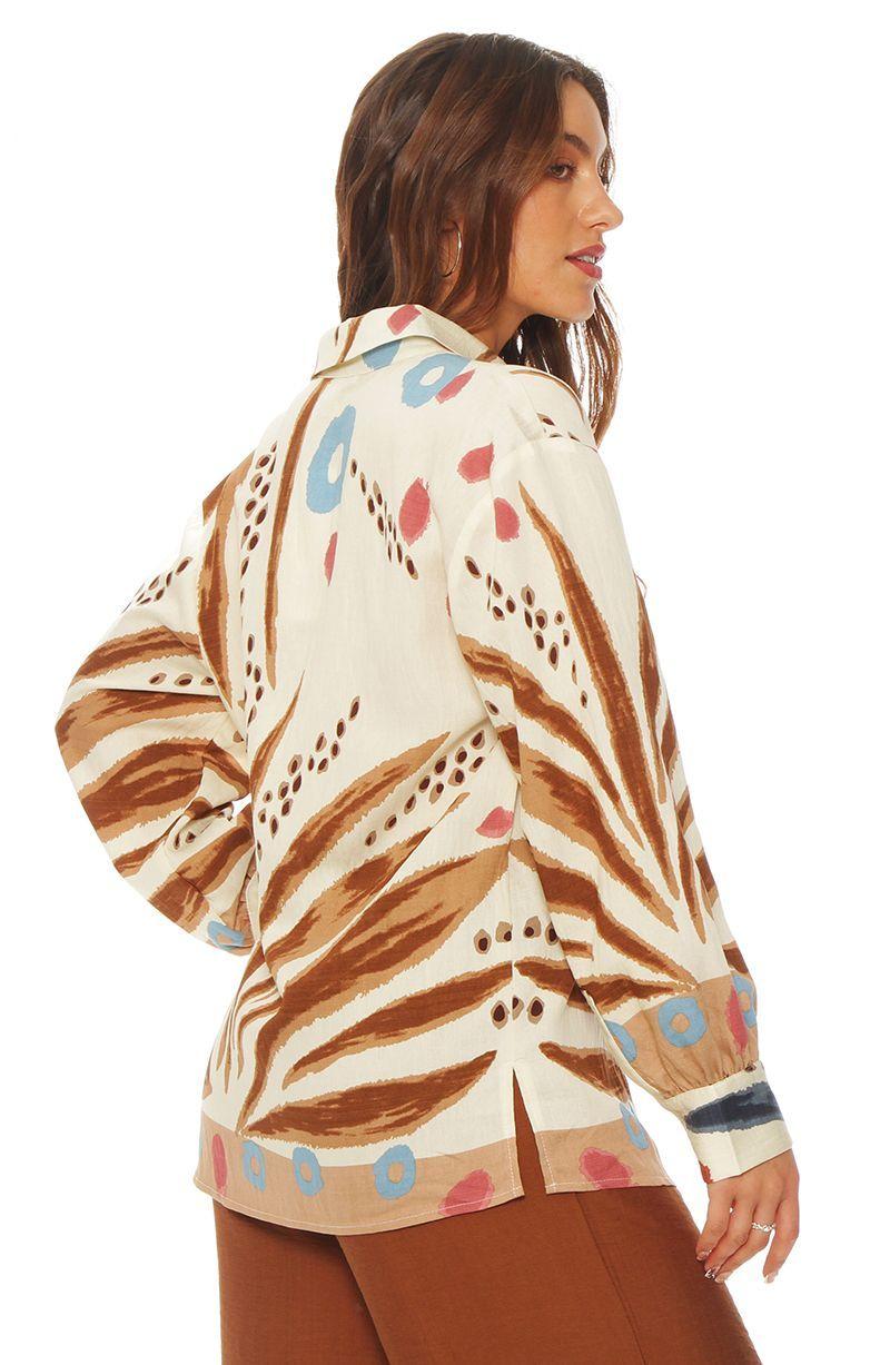 Blusa Manga Larga Estampada   Abotonada En Delantero-4