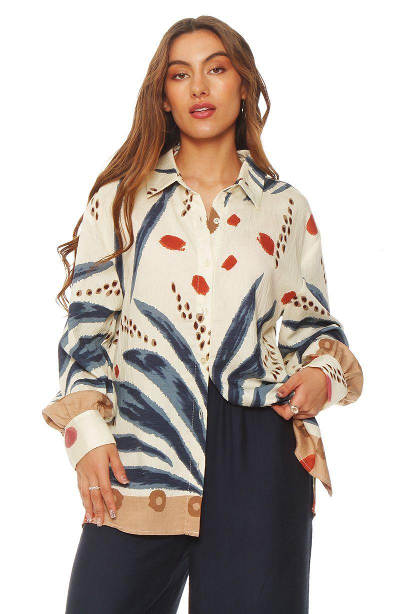 Blusa Manga Larga Estampada   Abotonada En Delantero-0