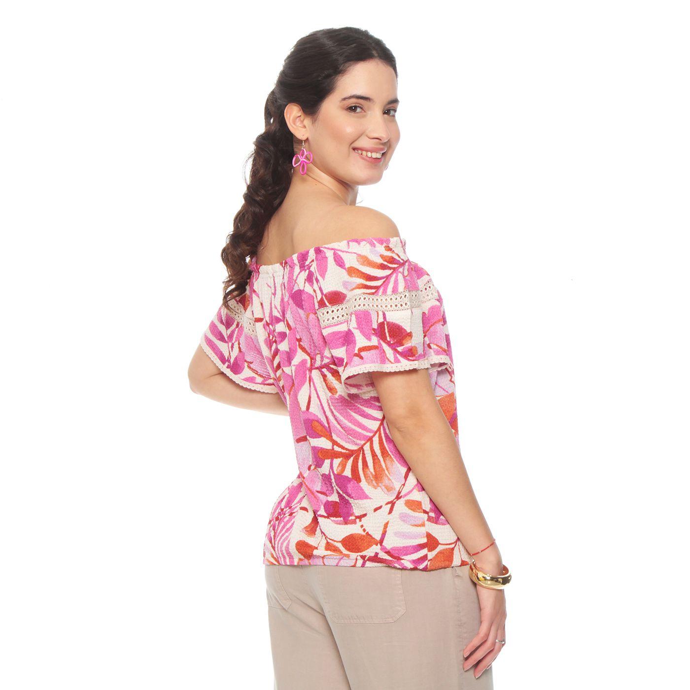 Blusa Manga Corta Estampada Escote Redondo  Elasticado-4