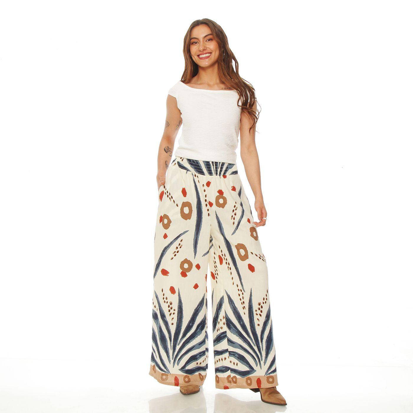 Pantalon Wide Leg Estampado Tiro Alto    Pretina Elasticada-3
