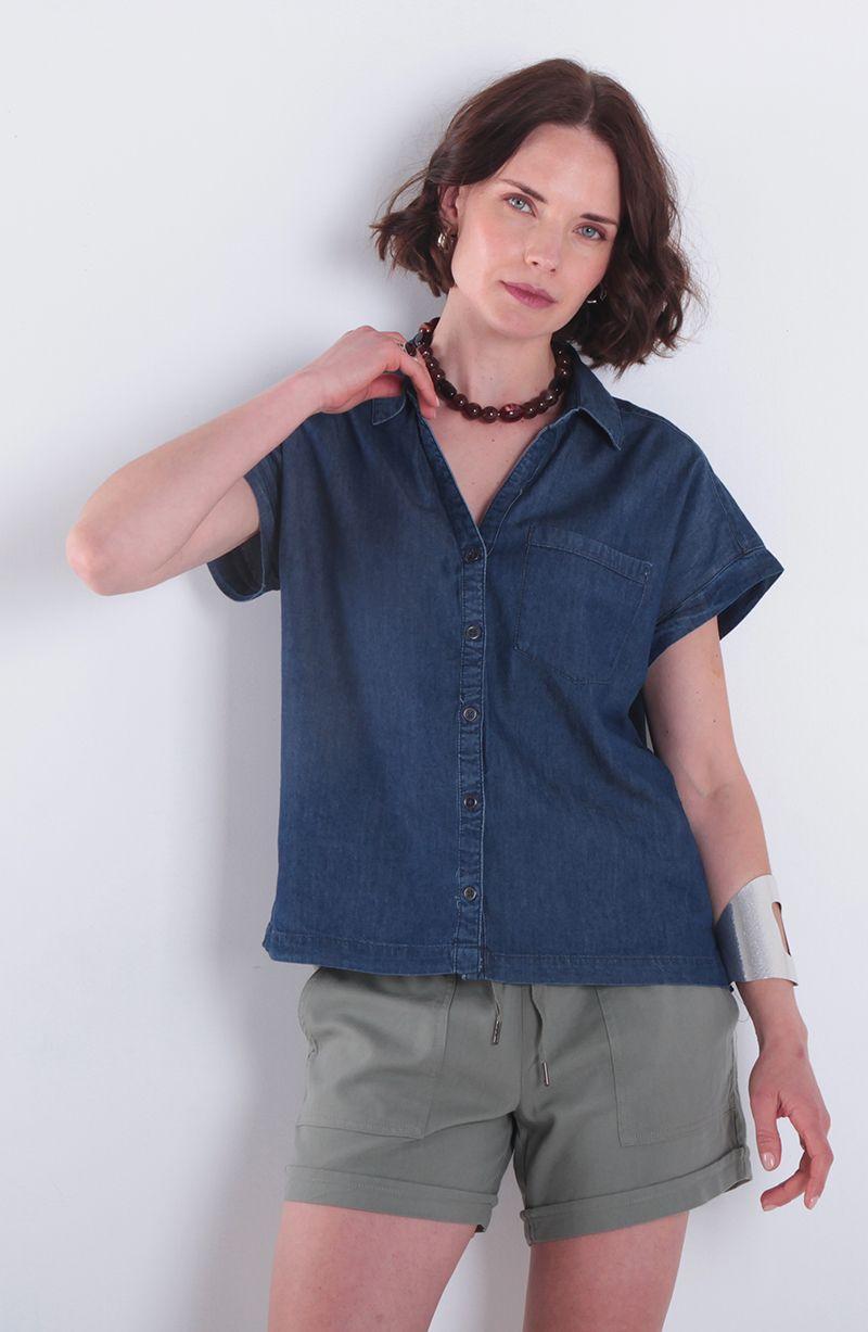 Blusa Manga Corta Denim Abotonada En Delantero Escote V-0