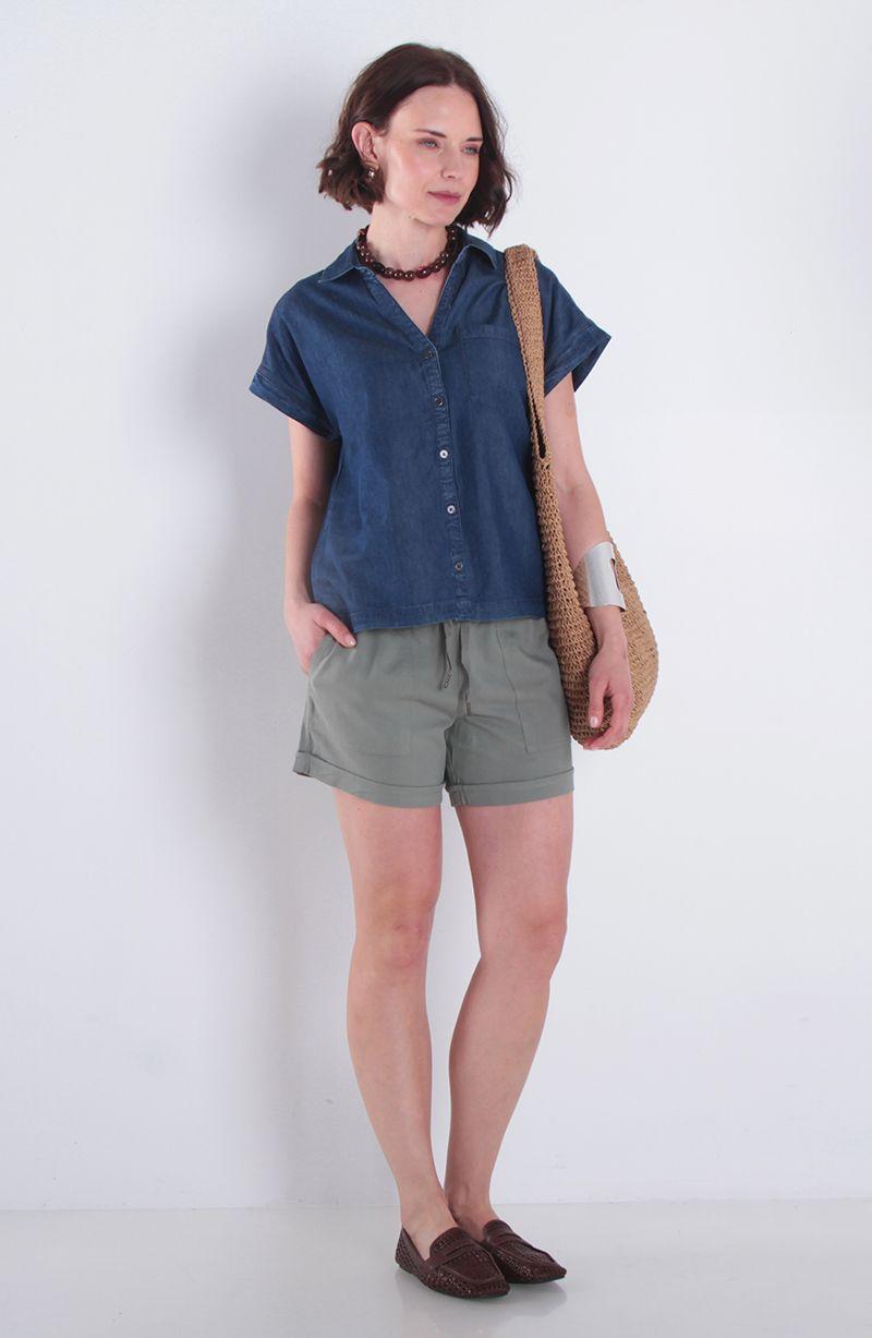 Blusa Manga Corta Denim Abotonada En Delantero Escote V-4