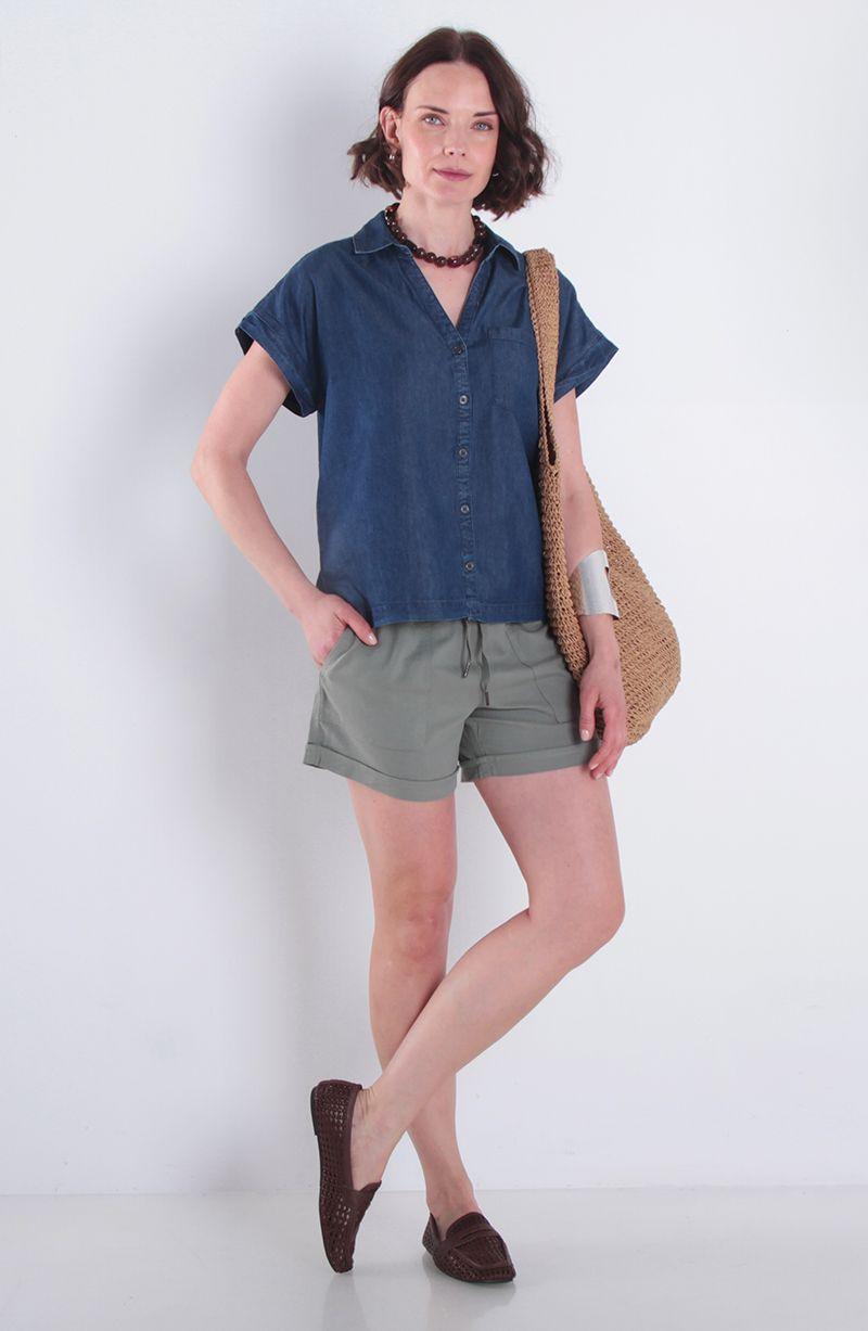 Blusa Manga Corta Denim Abotonada En Delantero Escote V-5