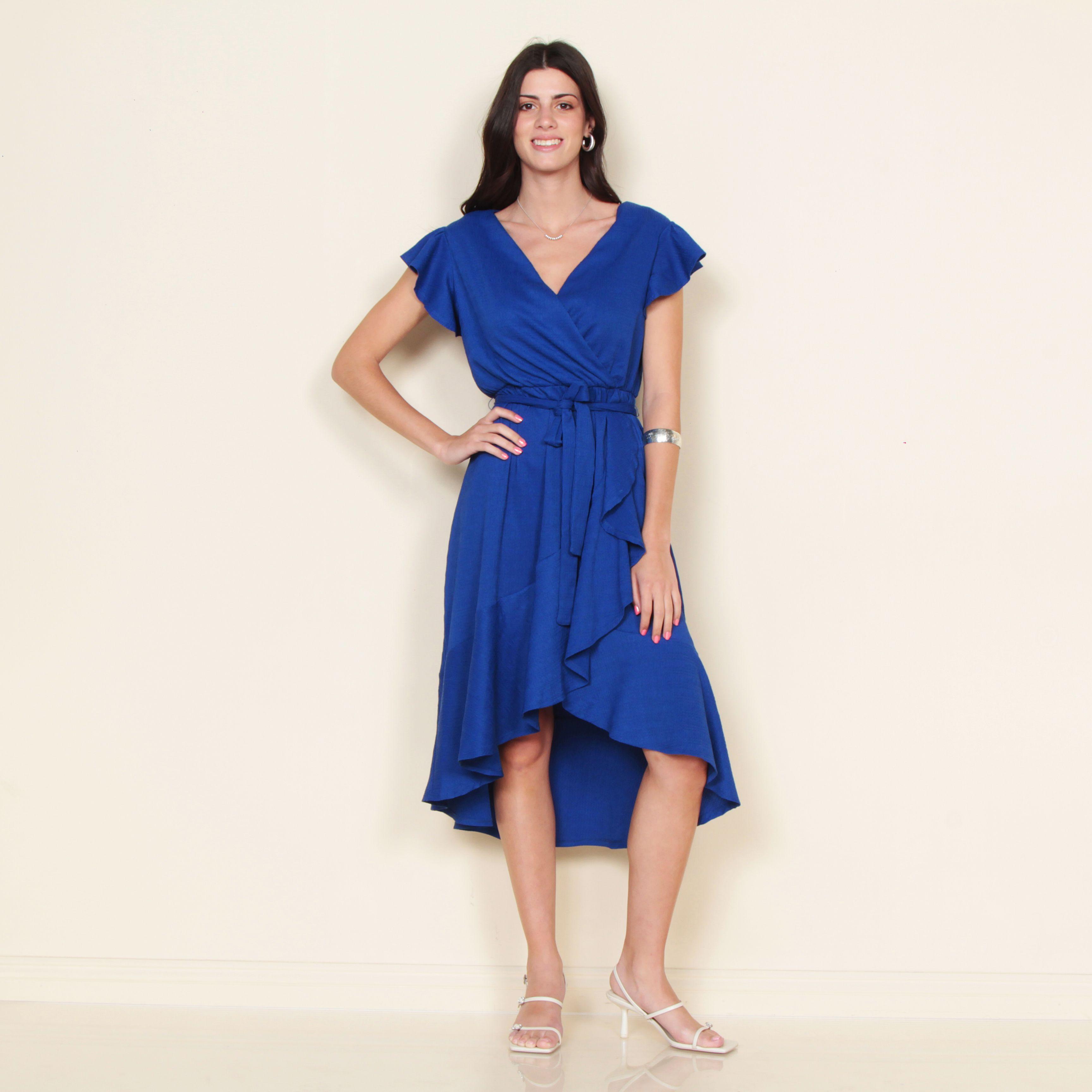 Vestido Manga Corta Solida Escote V Con Lazo En Cintura-0