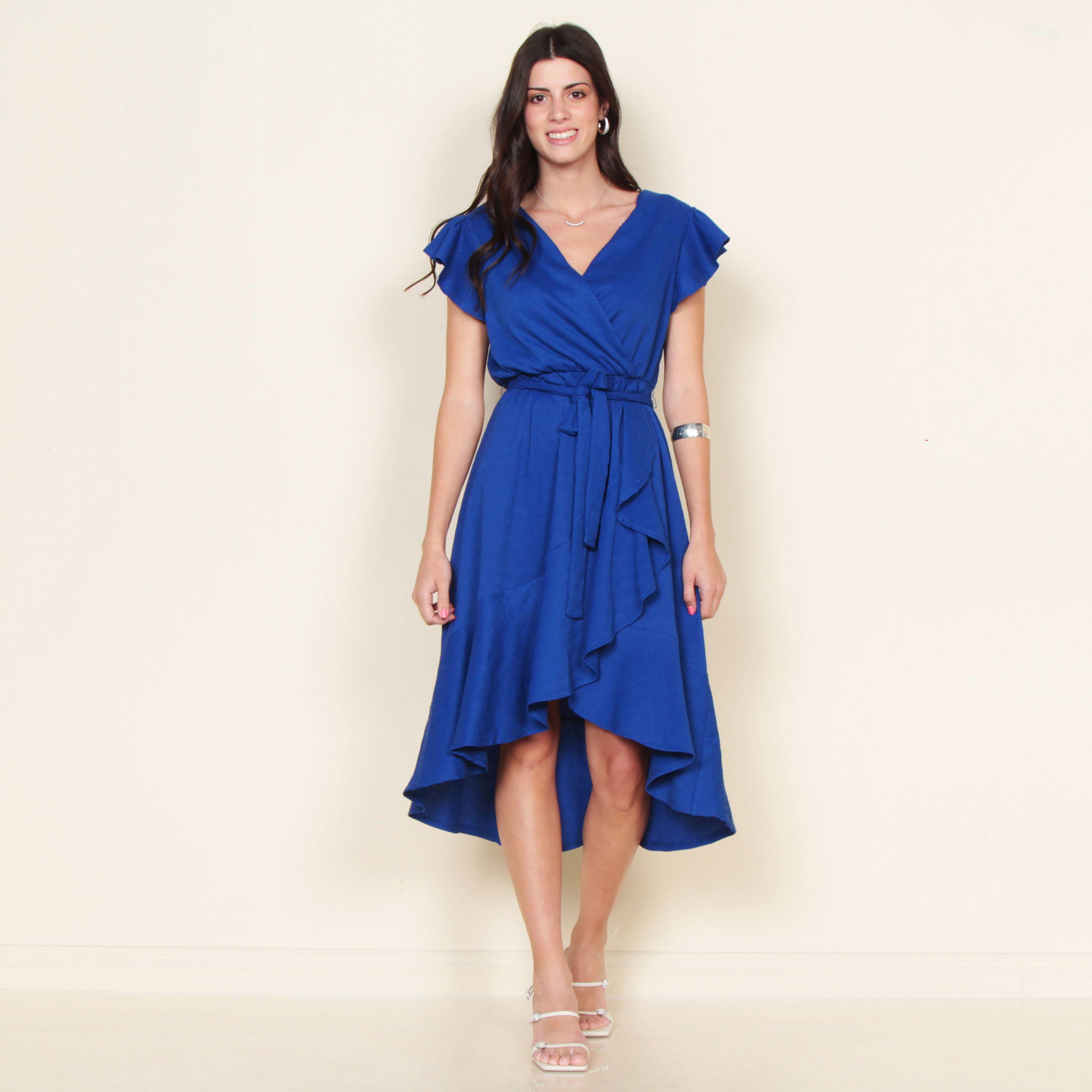 Vestido Manga Corta Solida Escote V Con Lazo En Cintura-3