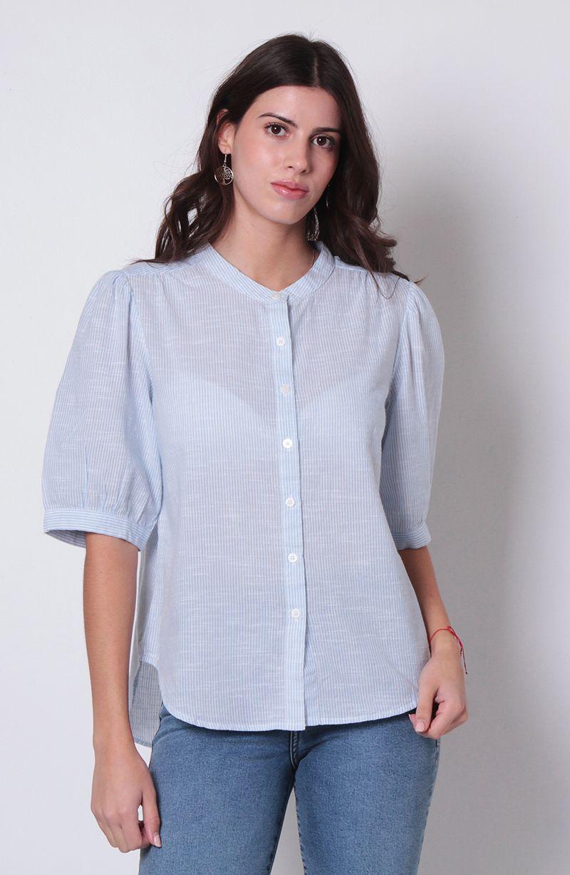 Blusa Manga Corta Listada Escote Redondo Abotonada En Delantero-0