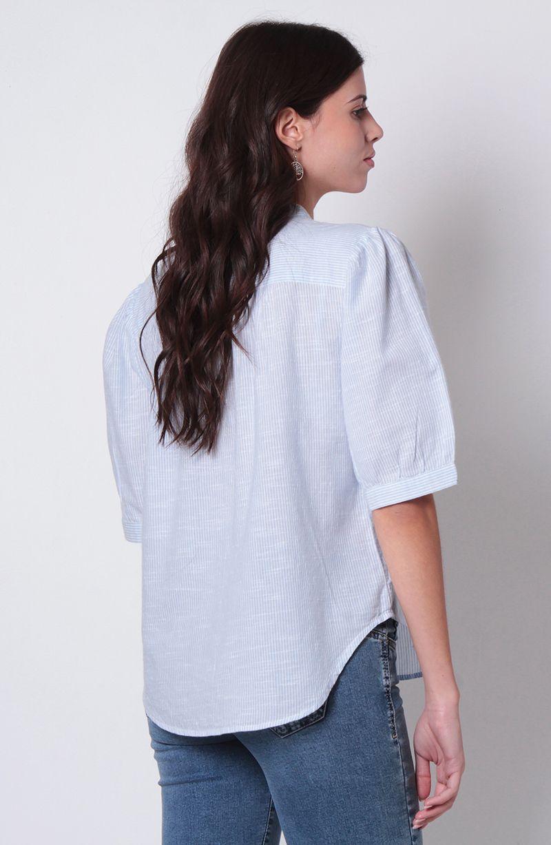 Blusa Manga Corta Listada Escote Redondo Abotonada En Delantero-3