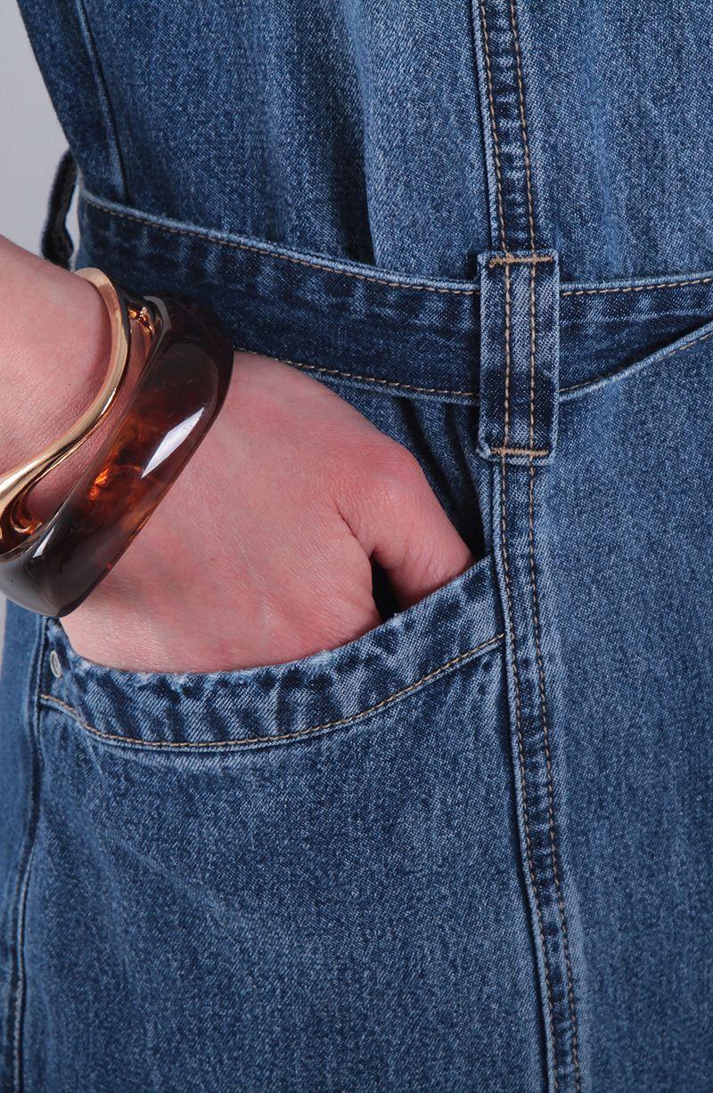 Enterito Denim Manga Corta Abotonado En Delantero Con Lazo En Cintura-3
